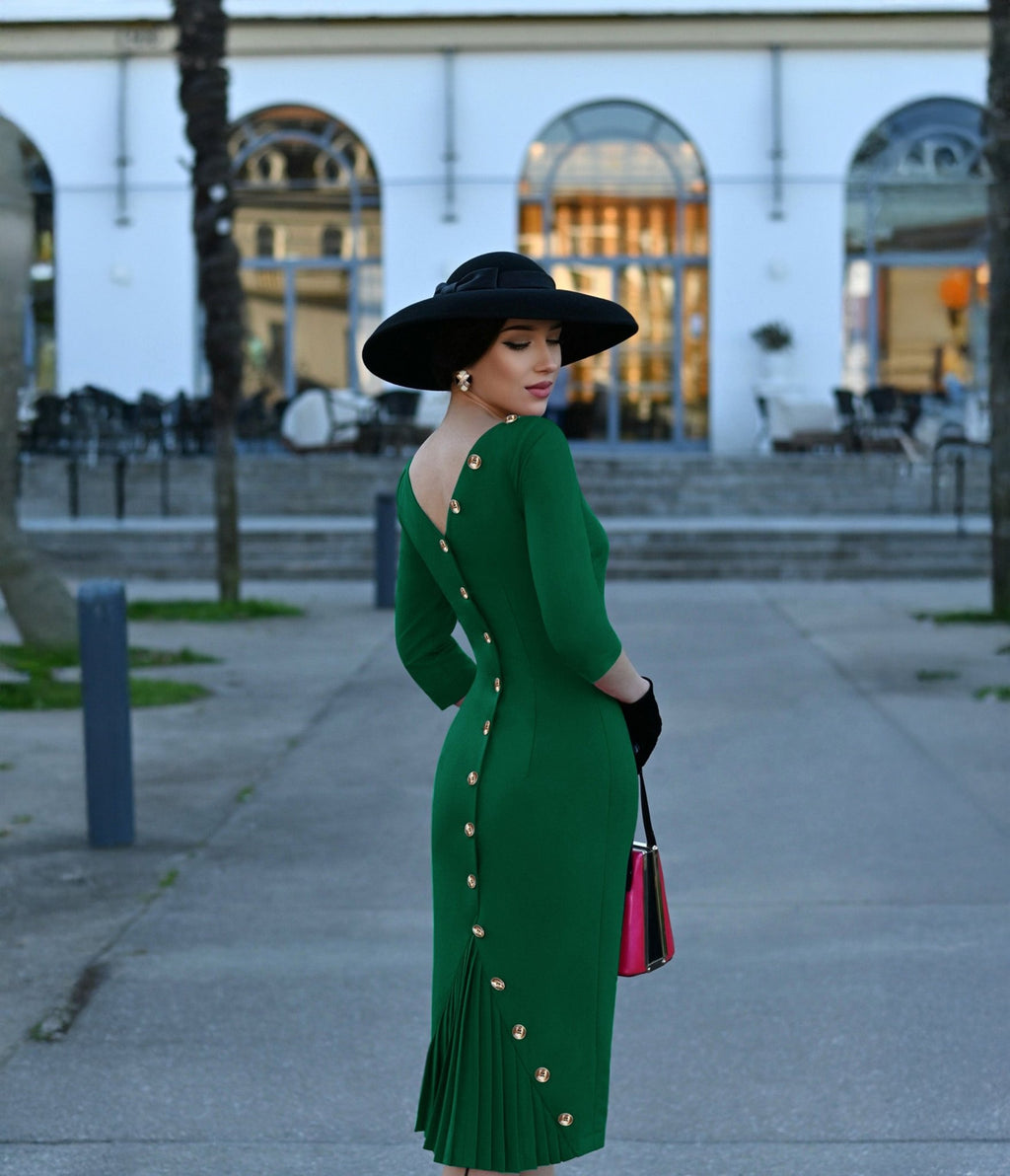 Heart My Closet Green Pleated Back Deborah Pencil Dress - Unique Vintage - Womens, DRESSES, WIGGLE