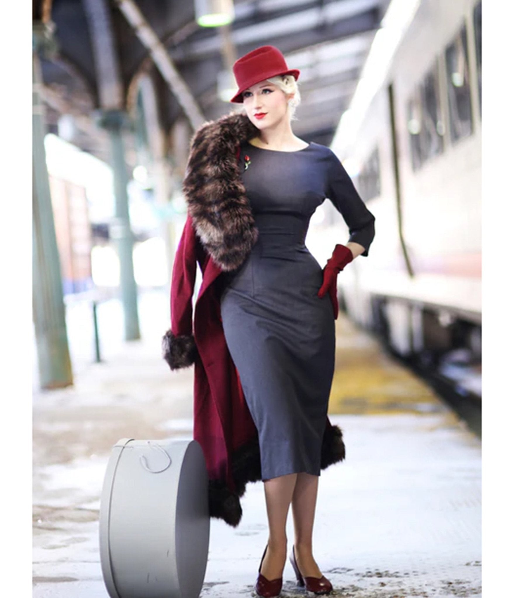 Heart My Closet Grey Pleated Back Deborah Pencil Dress - Unique Vintage - Womens, DRESSES, VINTAGE