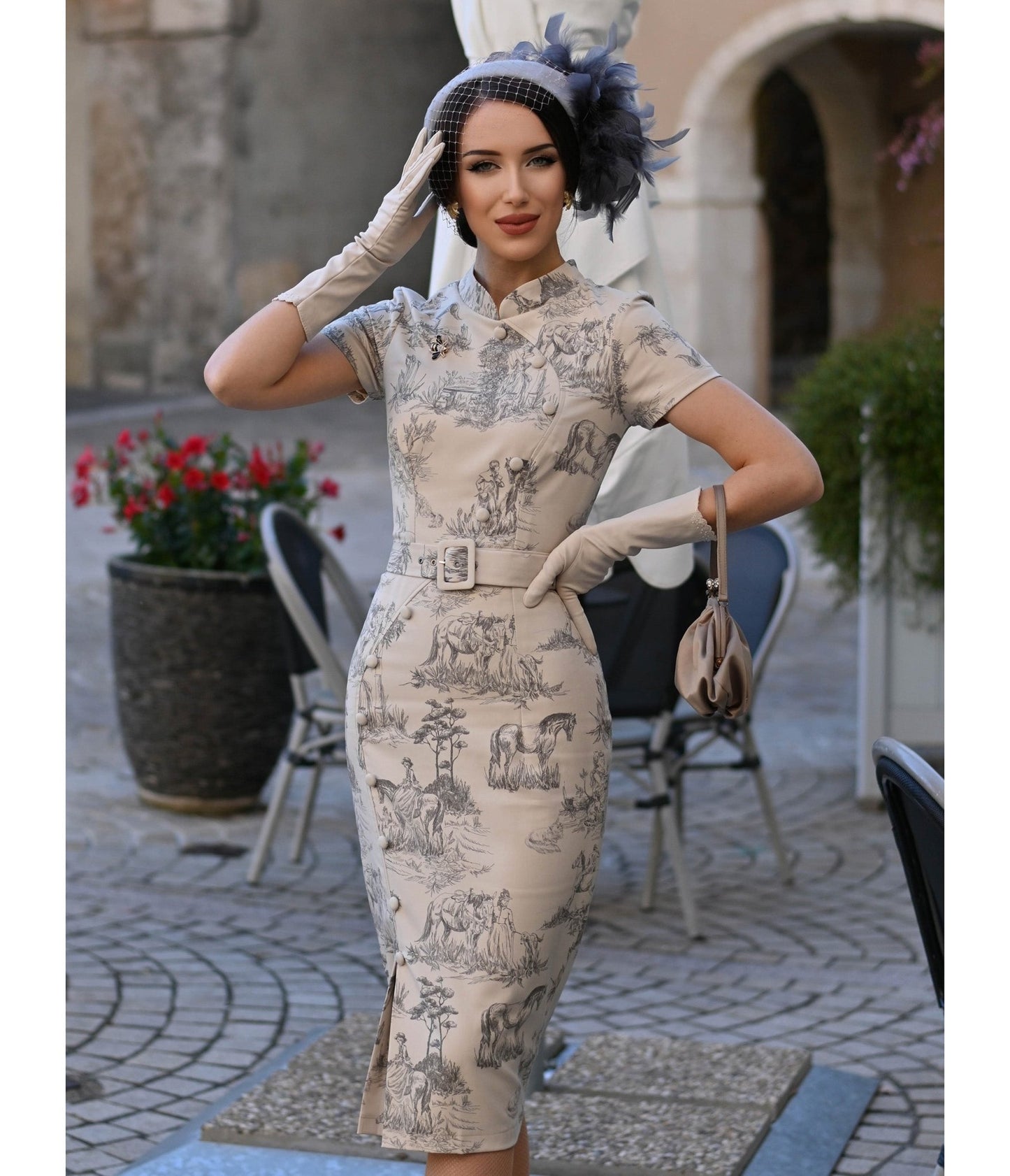Heart My Closet Toile De Jouy Janet Pencil Dress - Unique Vintage - Womens, DRESSES, MIDI