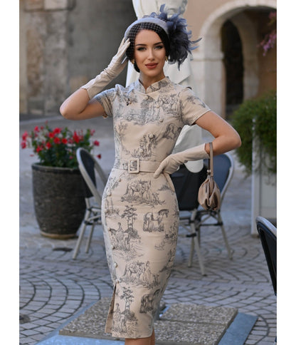 Heart My Closet Toile De Jouy Janet Pencil Dress - Unique Vintage - Womens, DRESSES, MIDI