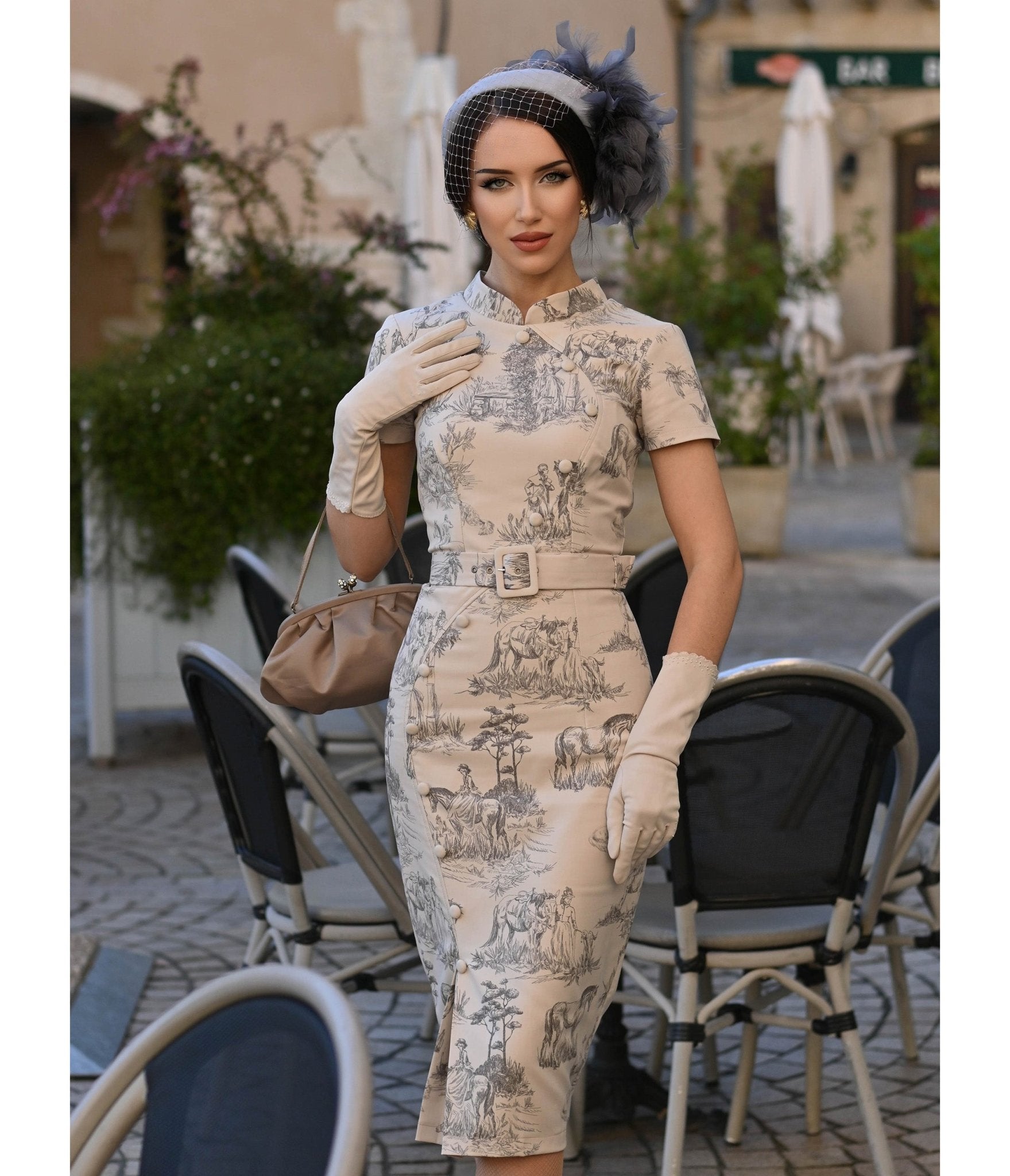 Heart My Closet Toile De Jouy Janet Pencil Dress - Unique Vintage - Womens, DRESSES, MIDI