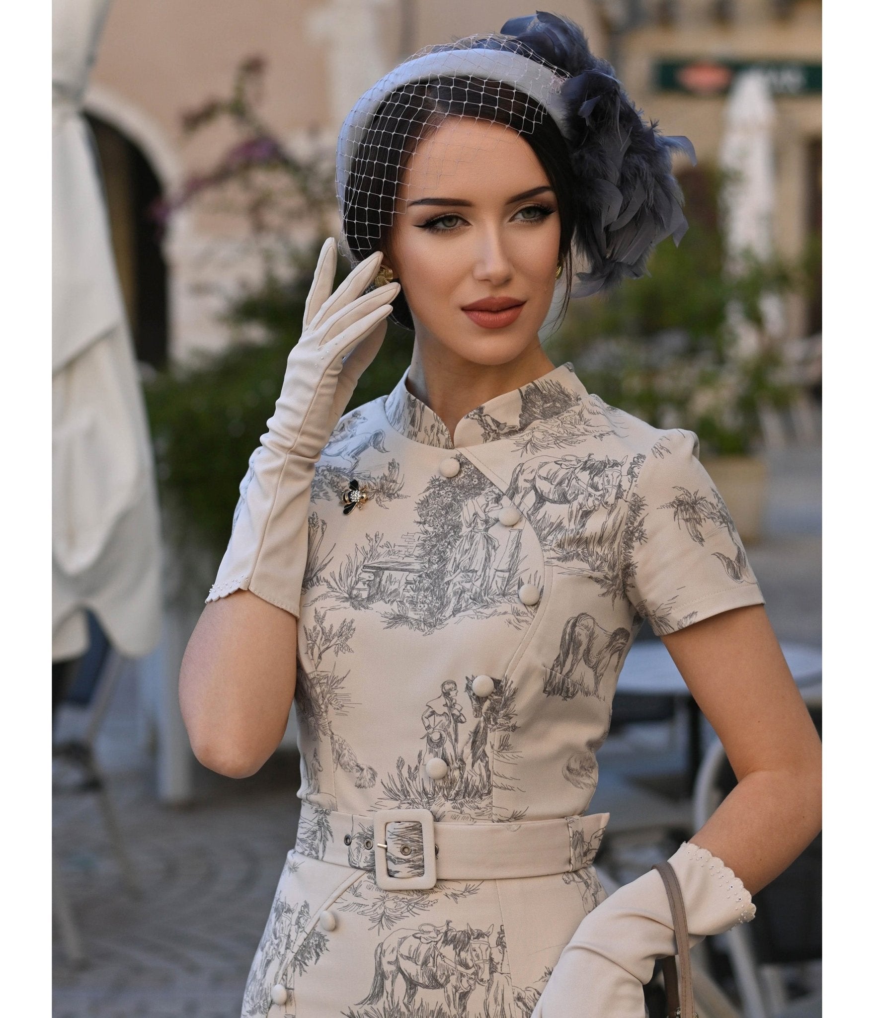 Heart My Closet Toile De Jouy Janet Pencil Dress - Unique Vintage - Womens, DRESSES, MIDI