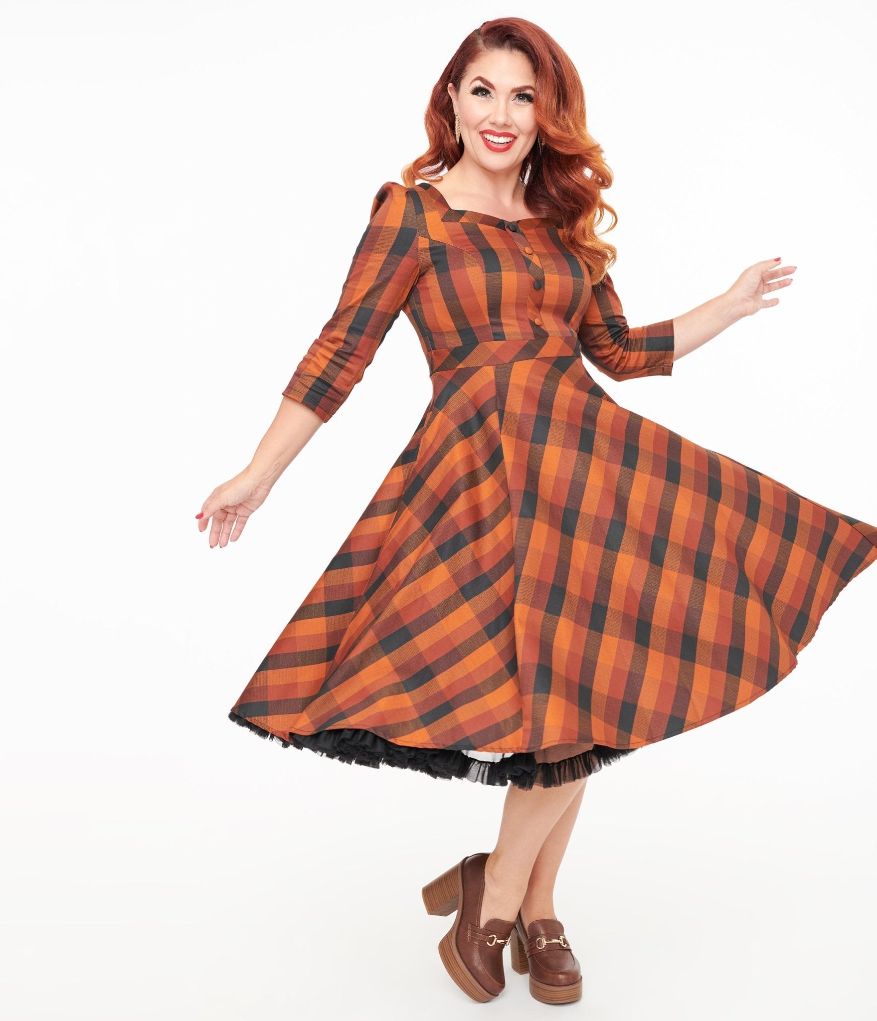 Hearts & Roses Brown & Orange Check Caitlin Swing Dress - Unique Vintage - Womens, DRESSES, SWING