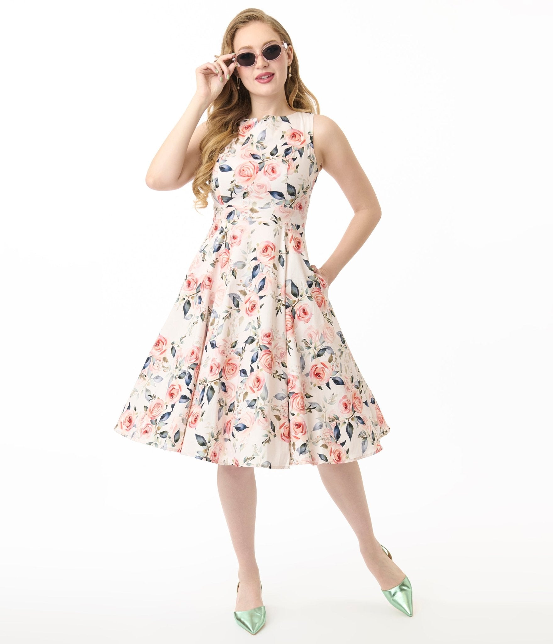Hearts & Roses Pink Floral Aurora Cotton Swing Dress - Unique Vintage - Womens, DRESSES, SWING