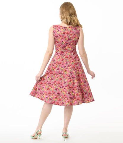 Hearts & Roses Pink & Red Floral Frankie Swing Dress - Unique Vintage - Womens, DRESSES, SWING