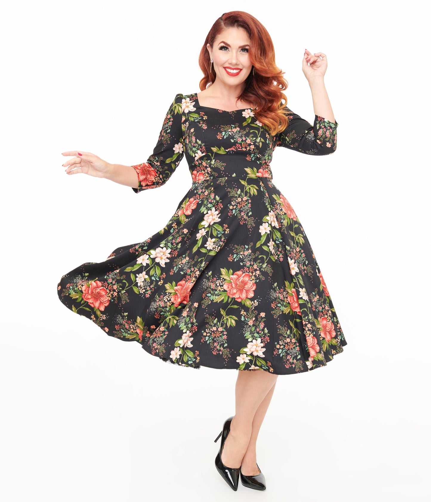Hearts & Roses Winter Floral Isla Swing Dress - Unique Vintage - Womens, DRESSES, SWING