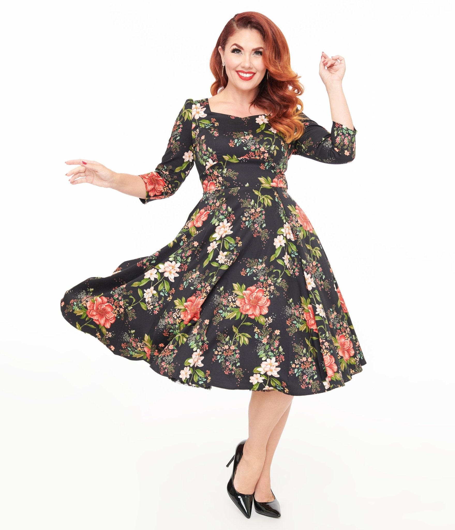 Hearts & Roses Winter Floral Isla Swing Dress - Unique Vintage - Womens, DRESSES, SWING