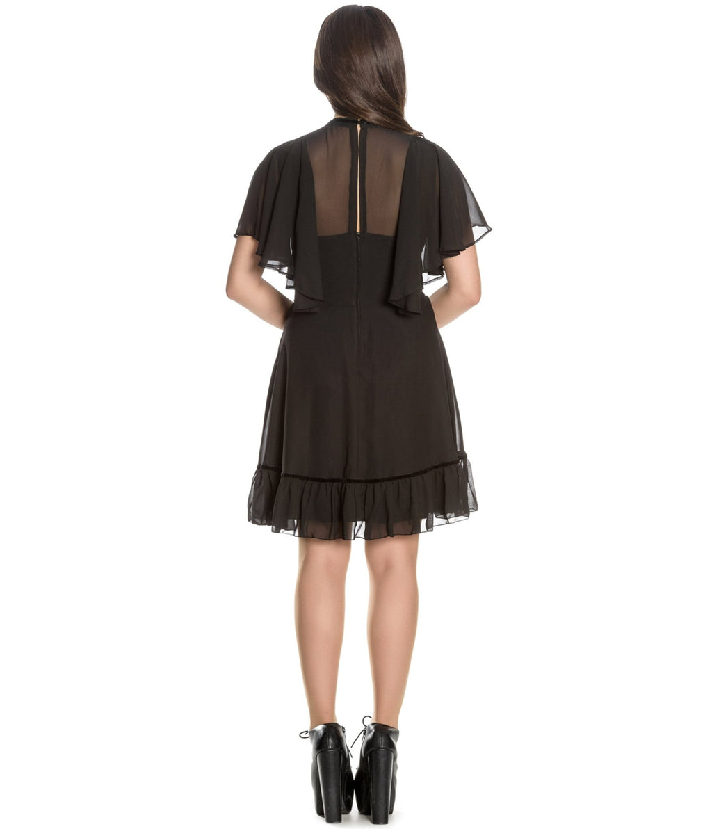 Hell Bunny 1940s Retro Black Mesh Sleeved Imperia Flare Dress - Unique Vintage - Womens, DRESSES, SWING