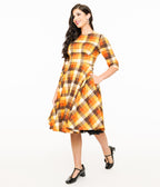 Hell Bunny 1950s Autumn Check Cotton Darlene Swing Dress - Unique Vintage - Womens, DRESSES, SWING