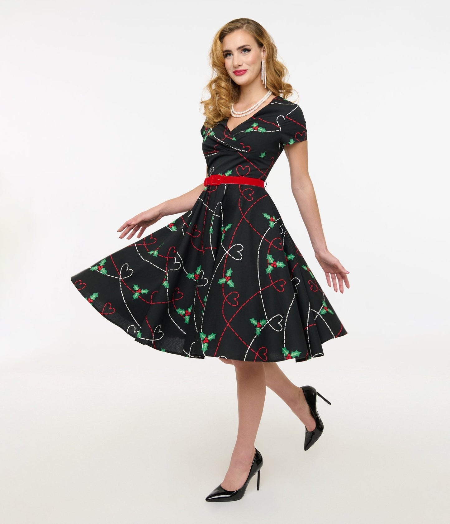 Hell Bunny 1950s Festive Hearts & Holly Print Angelica Swing Dress - Unique Vintage - Womens, DRESSES, SWING