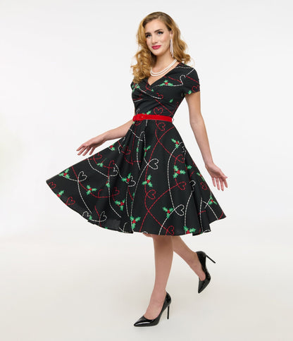 Hell Bunny 1950s Festive Hearts & Holly Print Angelica Swing Dress - Unique Vintage - Womens, DRESSES, SWING