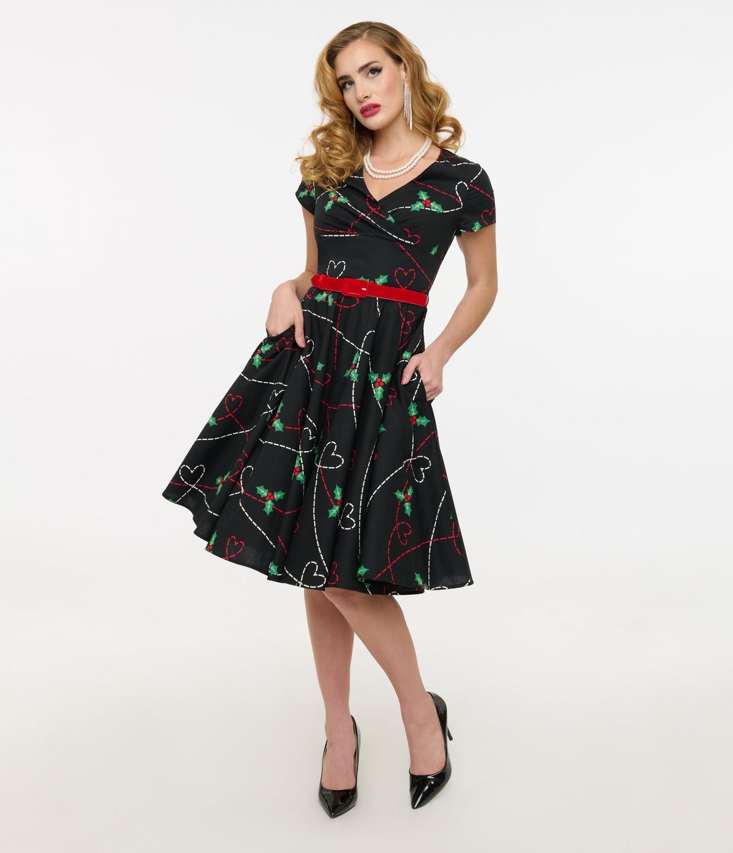 Hell Bunny 1950s Festive Hearts & Holly Print Angelica Swing Dress - Unique Vintage - Womens, DRESSES, SWING