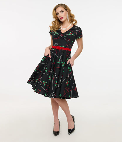Hell Bunny 1950s Festive Hearts & Holly Print Angelica Swing Dress - Unique Vintage - Womens, DRESSES, SWING