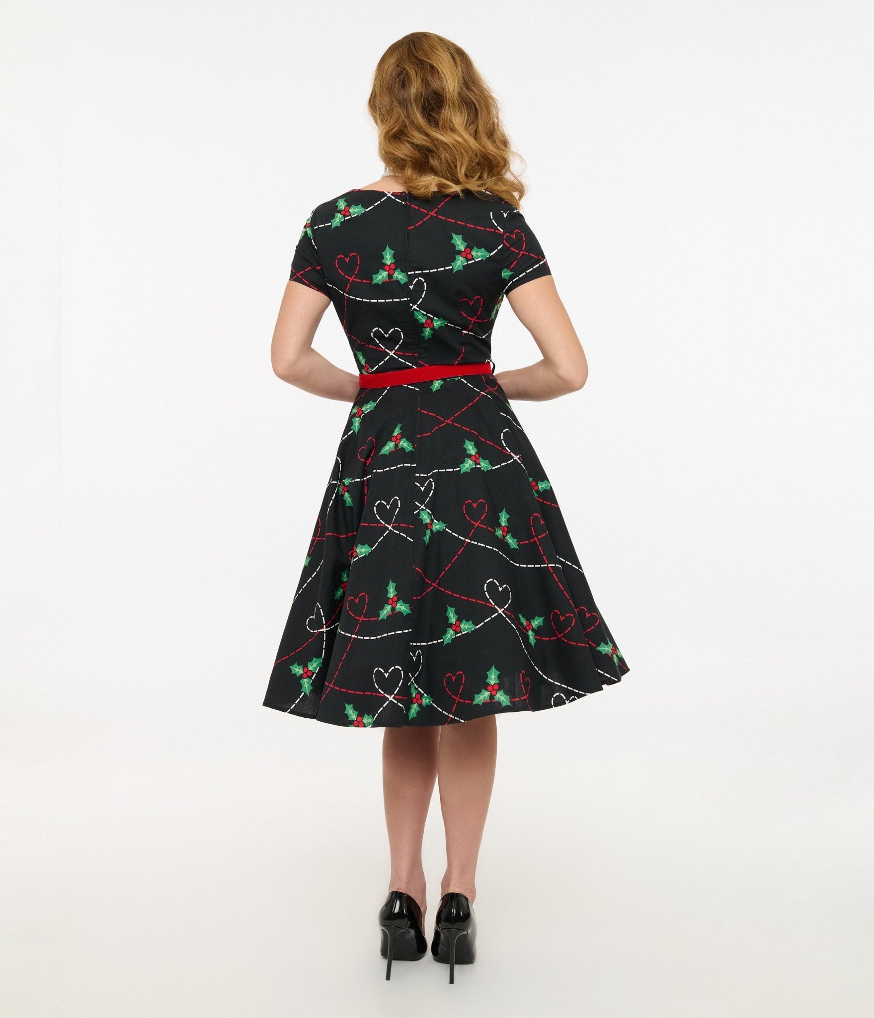 Hell Bunny 1950s Festive Hearts & Holly Print Angelica Swing Dress - Unique Vintage - Womens, DRESSES, SWING
