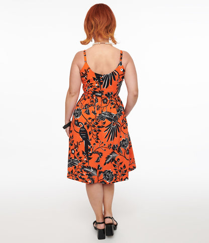 Hell Bunny 1950s Orange & Black Parrot Print Rio Swing Dress - Unique Vintage - Womens, DRESSES, SWING