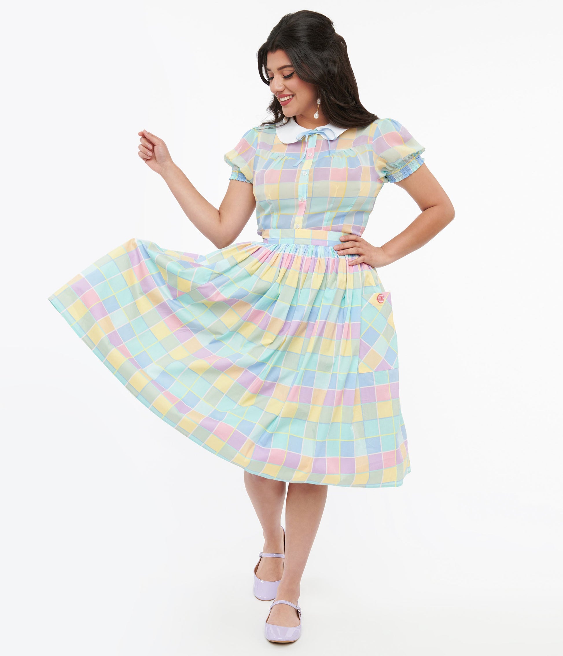Hell Bunny 1950s Pastel Check Cotton Skye Swing Skirt - Unique Vintage - Womens, BOTTOMS, SKIRTS