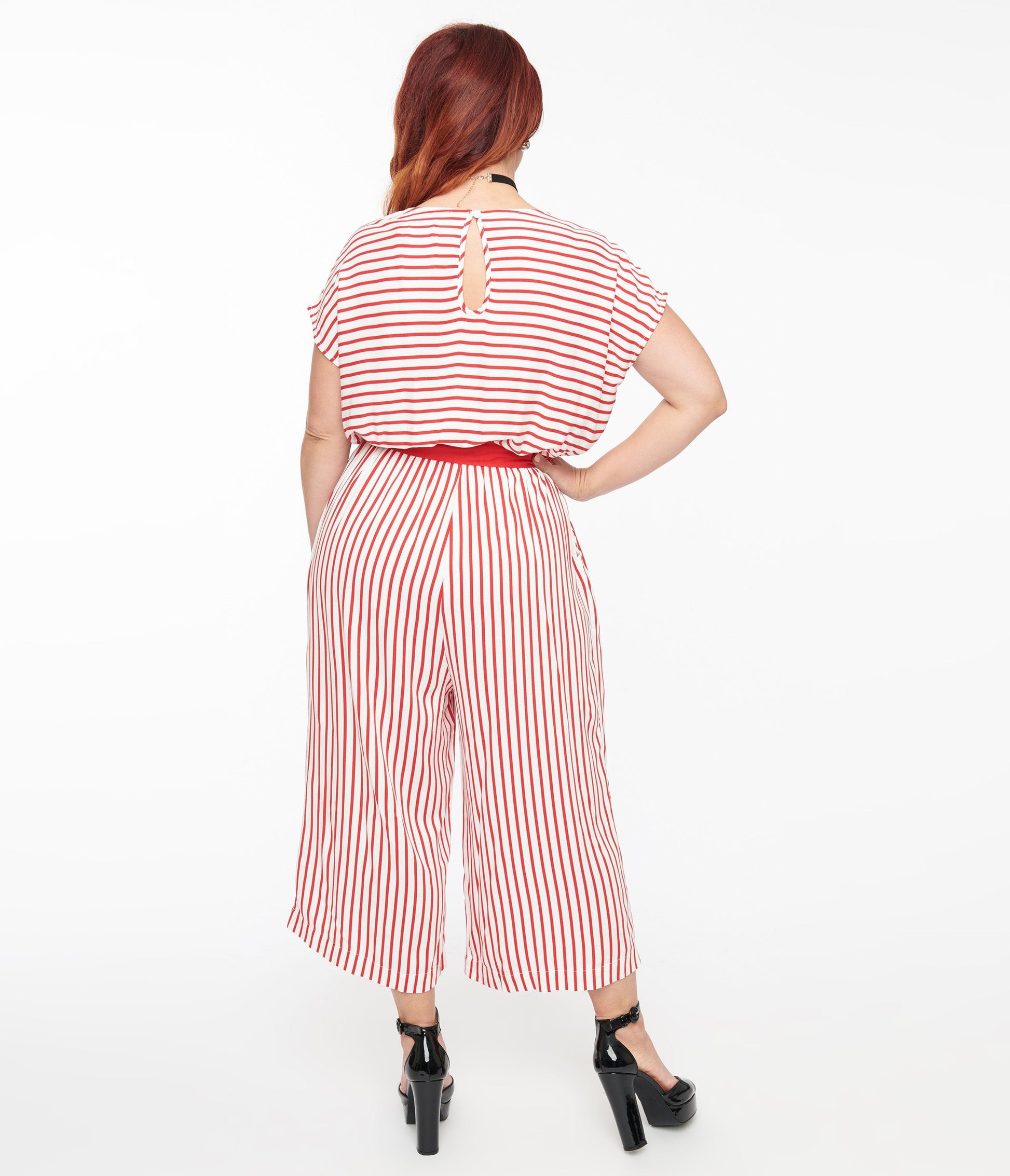 Hell Bunny 1950s White & Red Striped Jumpsuit - Unique Vintage - Womens, BOTTOMS, ROMPERS AND JUMPSUITS
