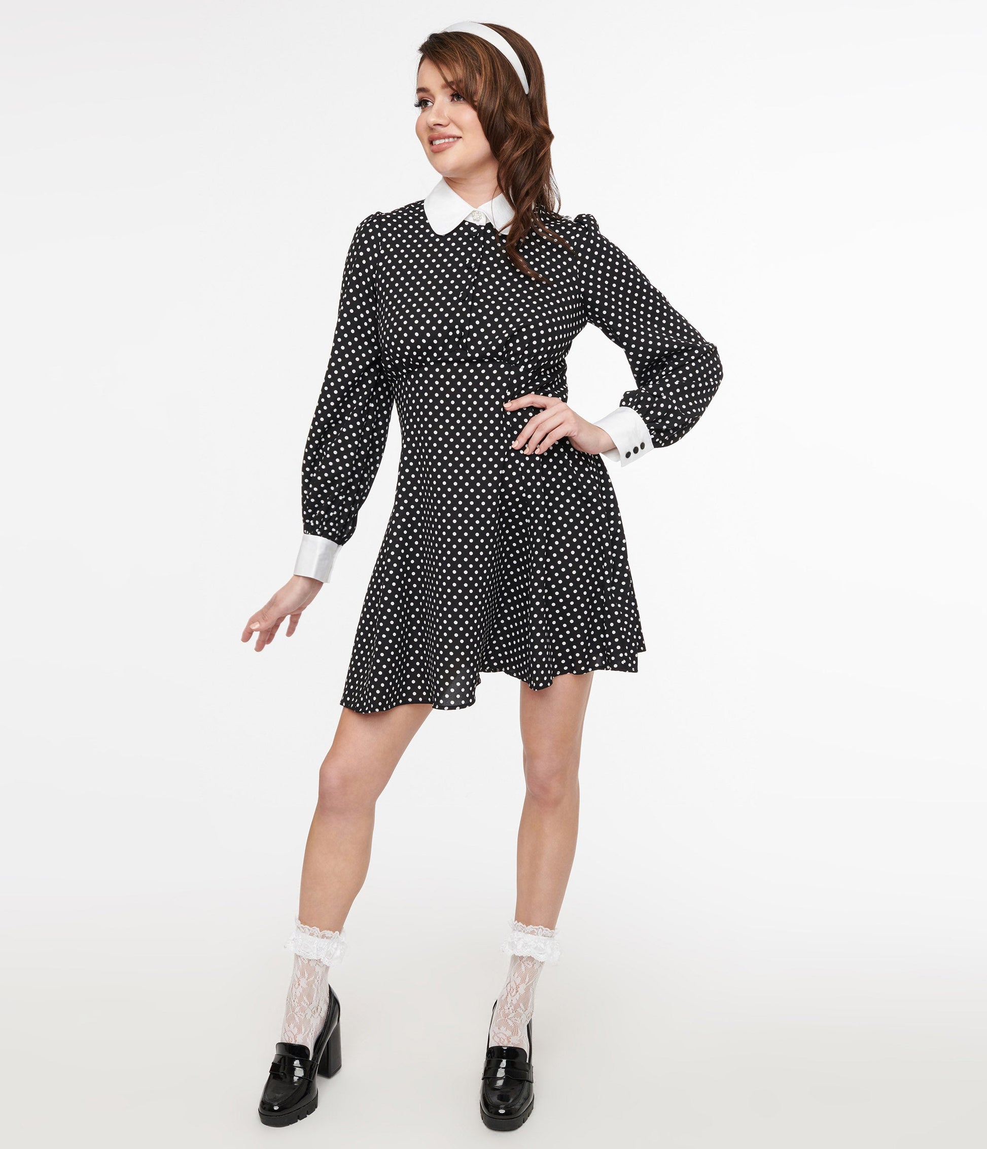 Hell Bunny 1960s Black & White Polka Dot Naomi Mini Dress - Unique Vintage - Womens, DRESSES, BABYDOLL