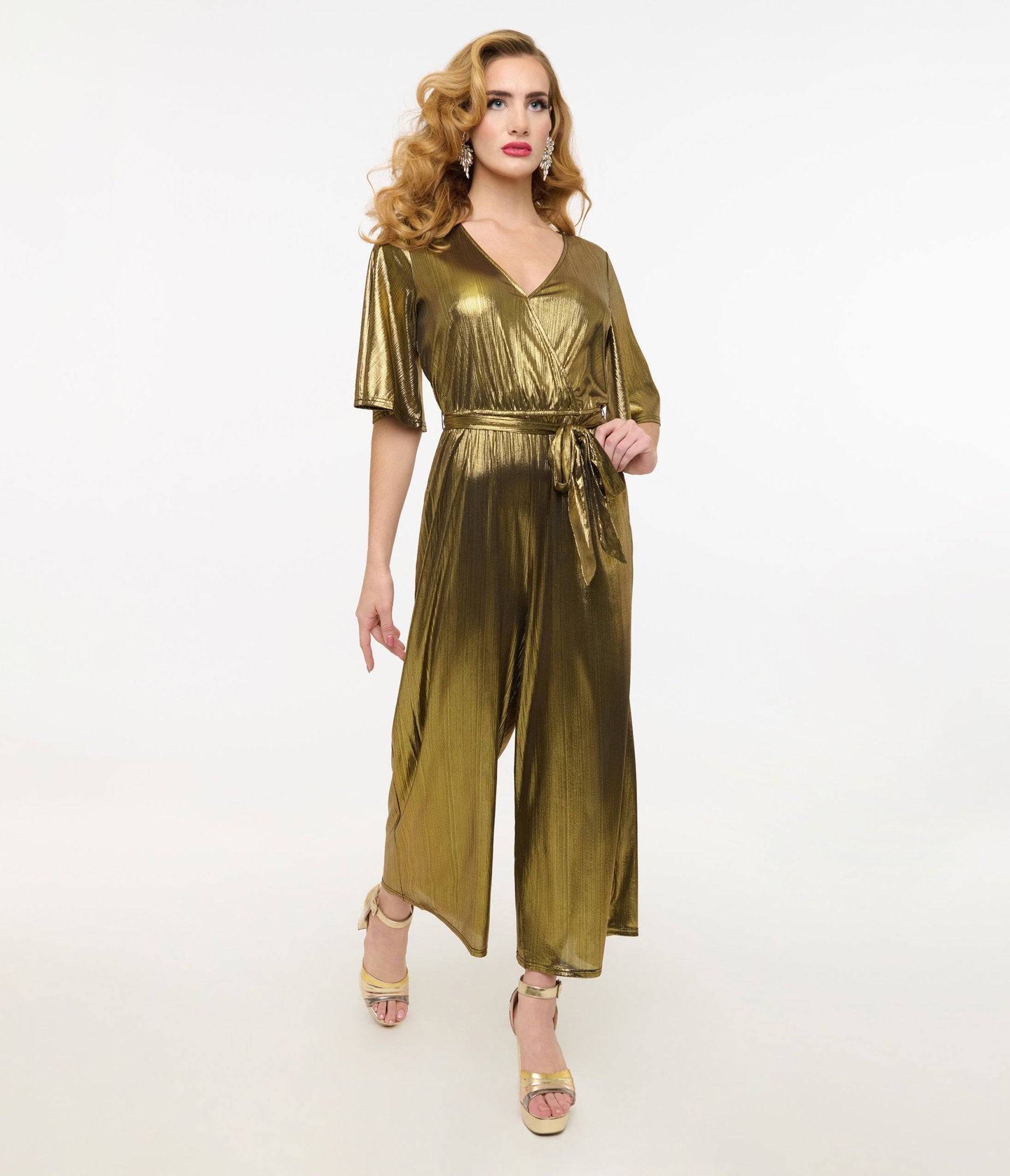 Hell Bunny 1970s Gold Lurex Jumpsuit - Unique Vintage - Womens, BOTTOMS, ROMPERS AND JUMPSUITS