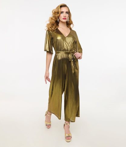 Hell Bunny 1970s Gold Lurex Jumpsuit - Unique Vintage - Womens, BOTTOMS, ROMPERS AND JUMPSUITS
