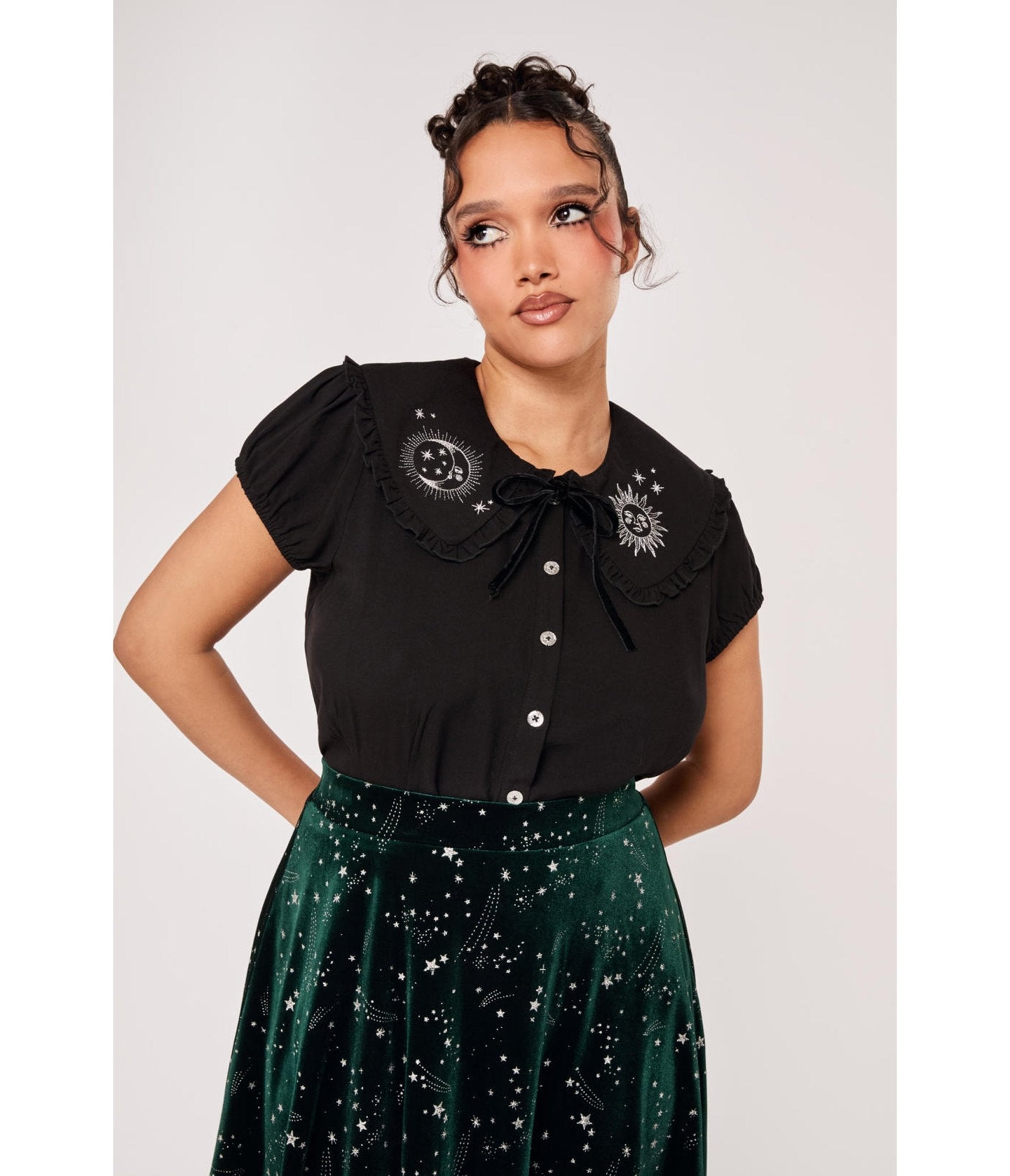 Hell Bunny Black Celeste Embroidered Ruffle Collar Blouse - Unique Vintage - Womens, TOPS, WOVEN TOPS