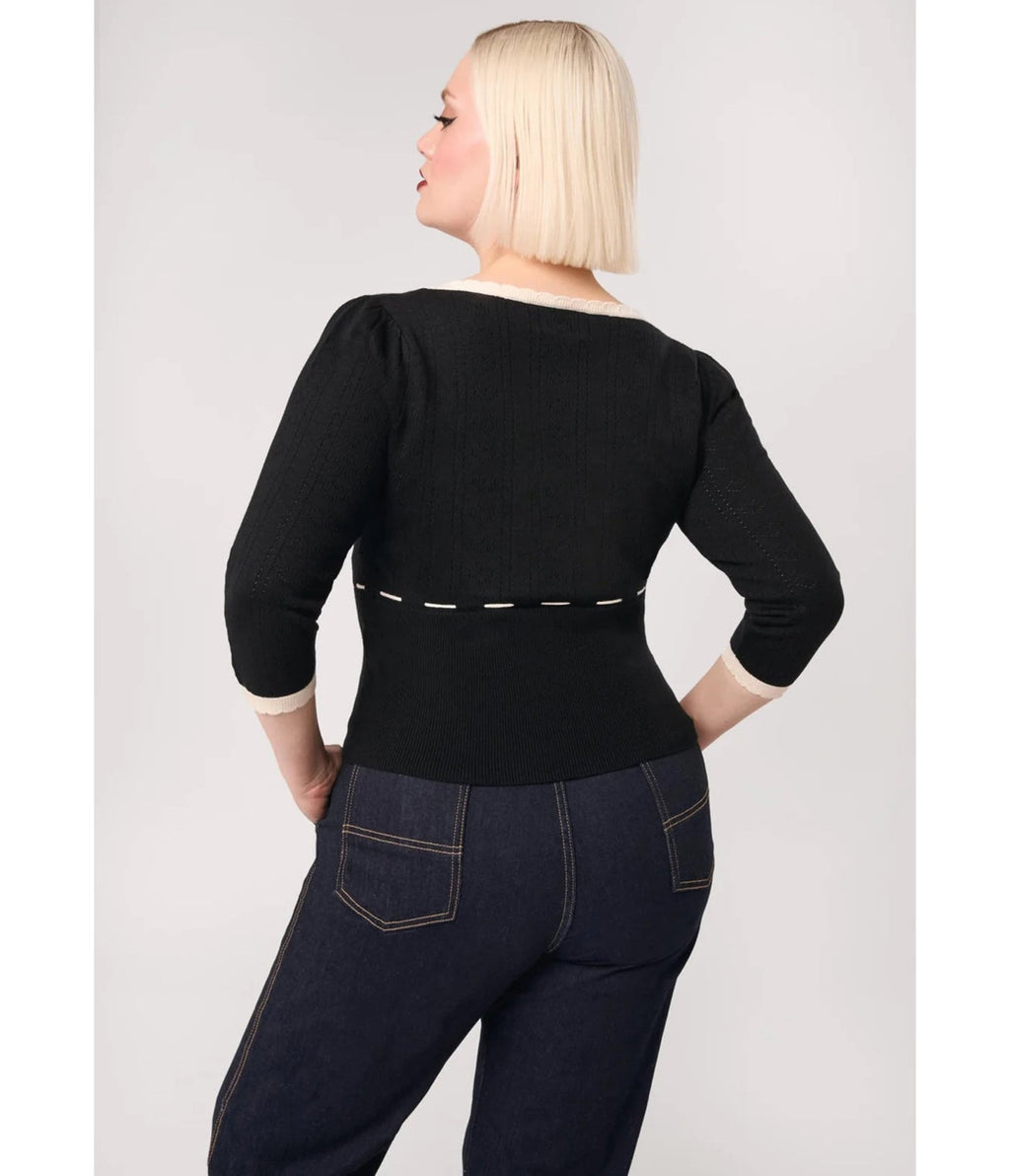 Hell Bunny Black & Cream Elodie Knit Top - Unique Vintage - Womens, TOPS, KNIT TOPS