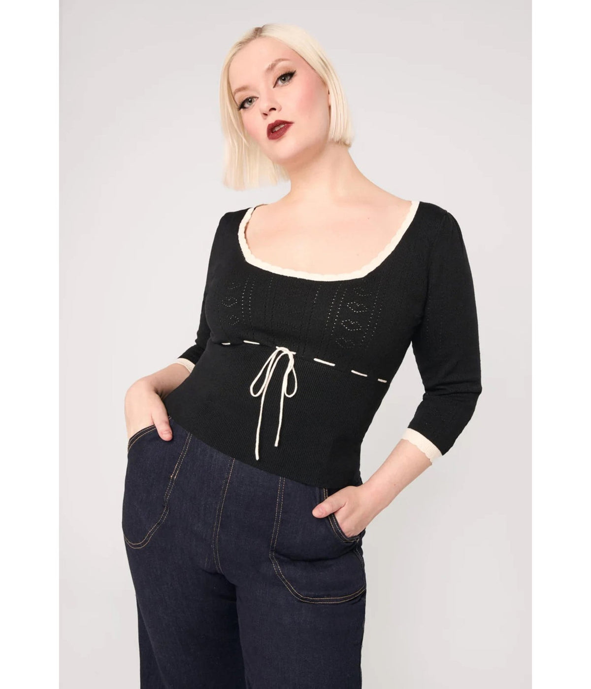 Hell Bunny Black & Cream Elodie Knit Top - Unique Vintage - Womens, TOPS, KNIT TOPS