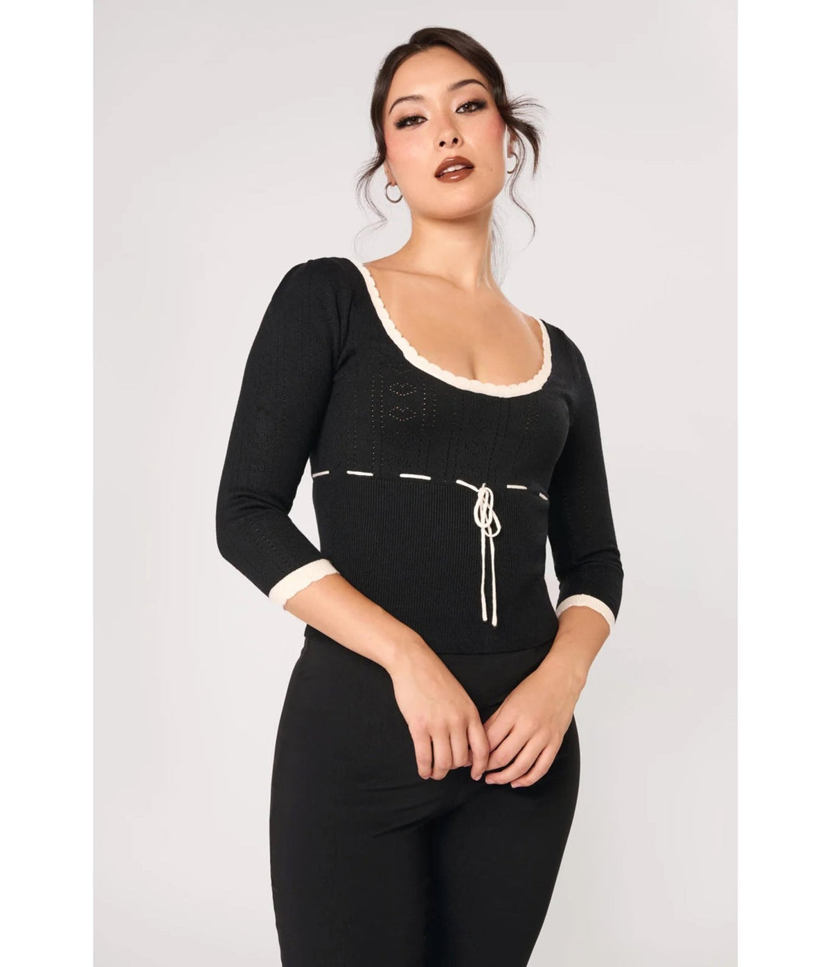 Hell Bunny Black & Cream Elodie Knit Top - Unique Vintage - Womens, TOPS, KNIT TOPS