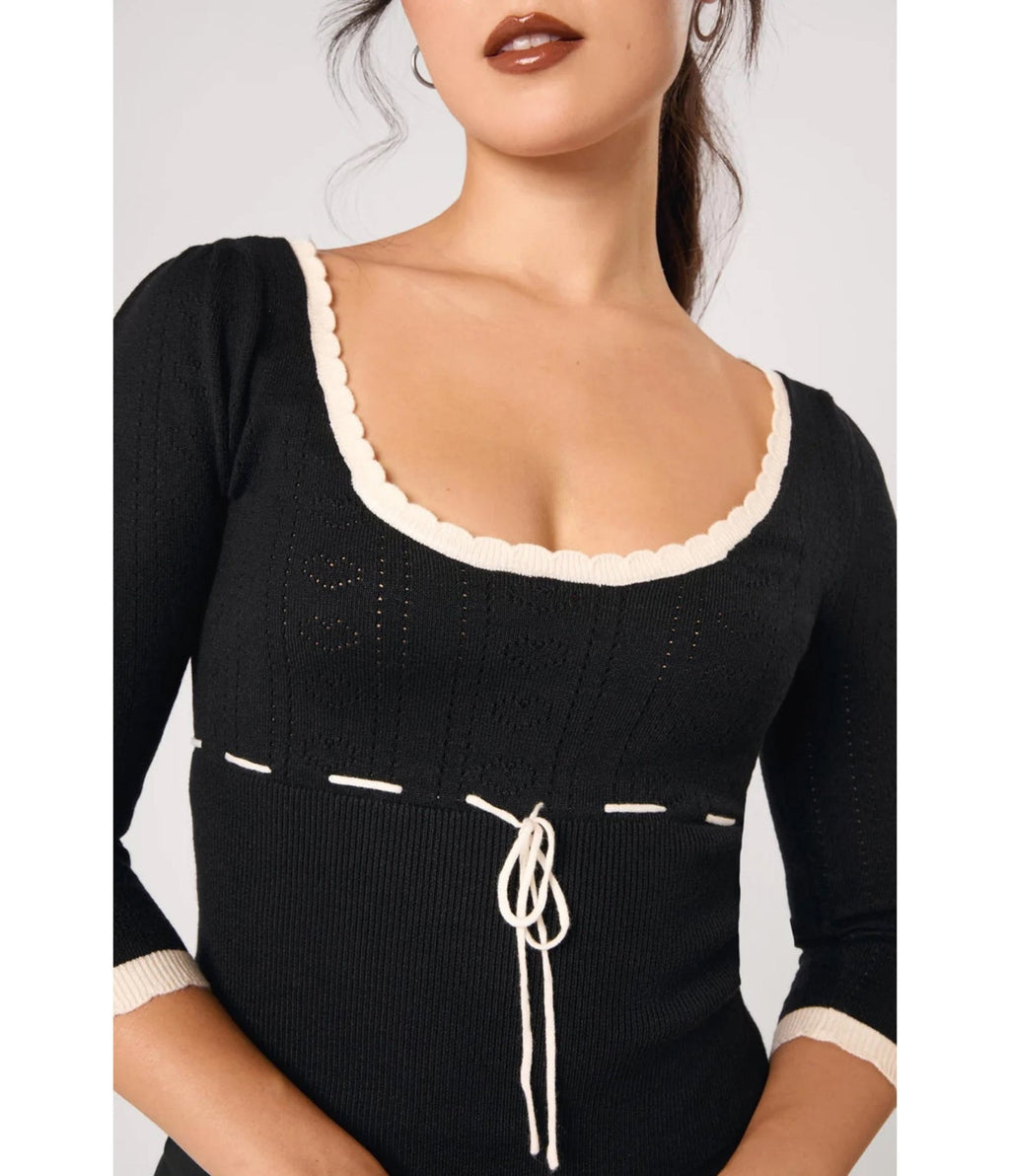 Hell Bunny Black & Cream Elodie Knit Top - Unique Vintage - Womens, TOPS, KNIT TOPS