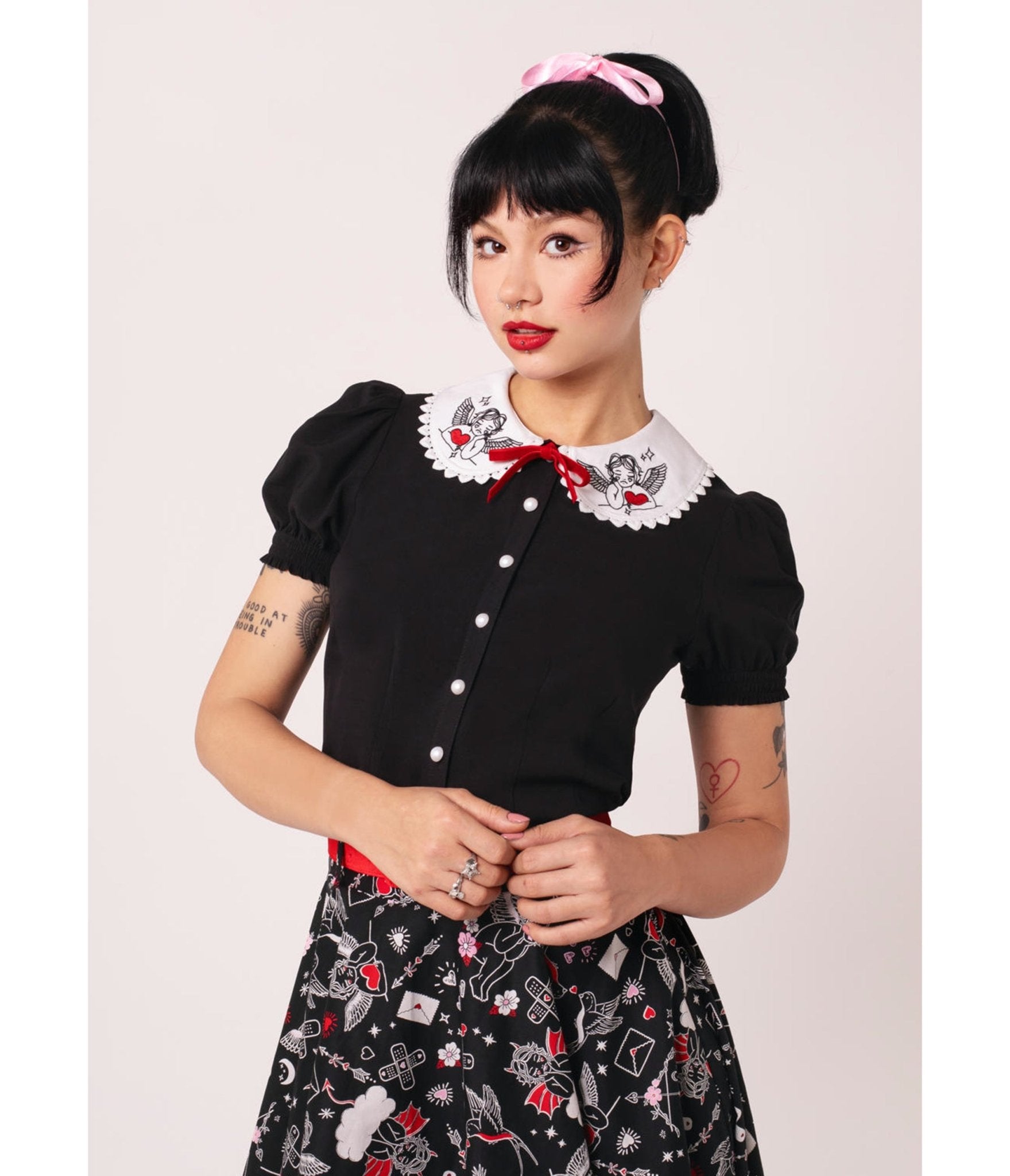 Hell Bunny Black Cupid Blouse - Unique Vintage - Womens, TOPS, SHIRTS
