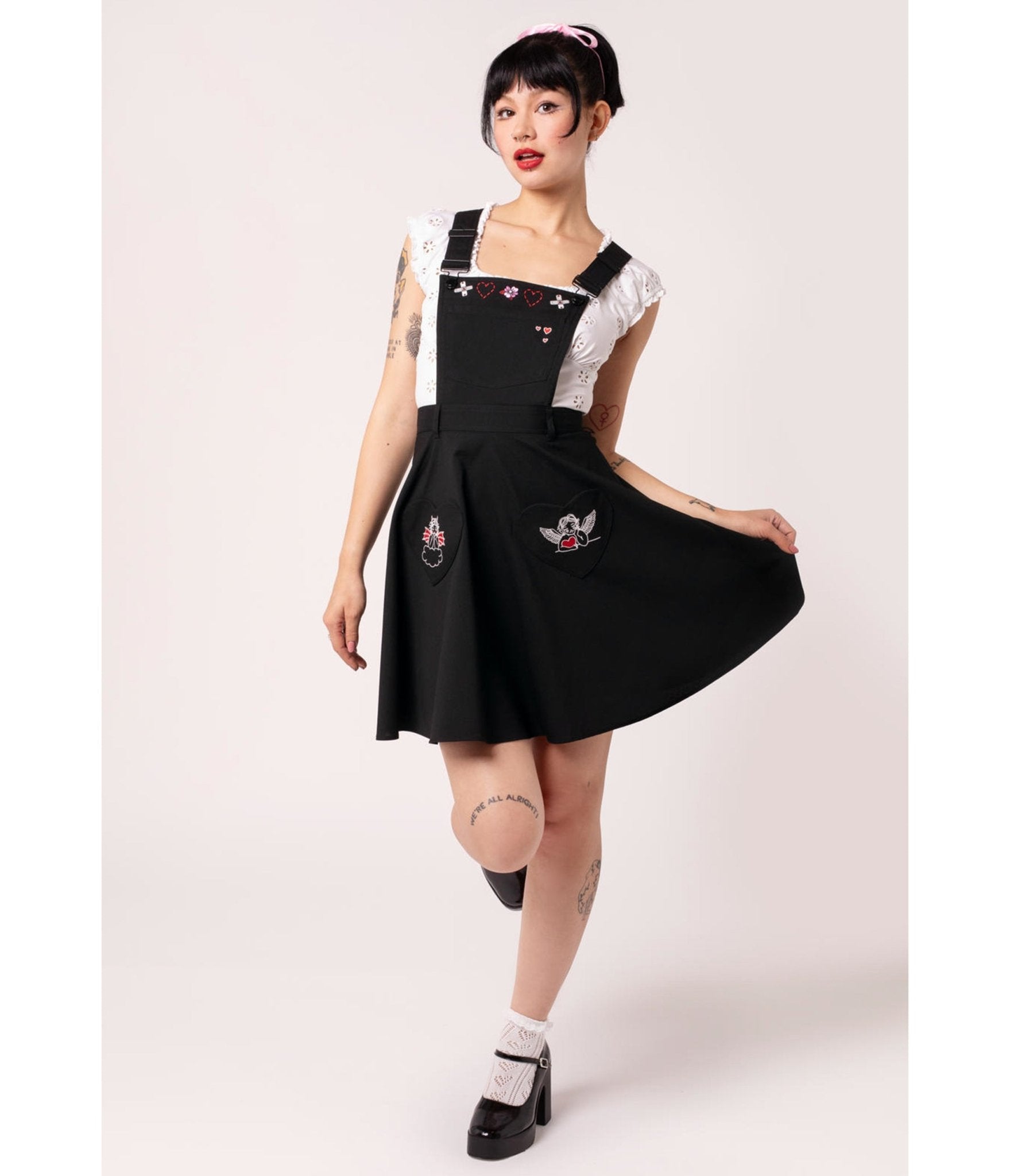 Hell Bunny Black Cupid Pinafore Skirt - Unique Vintage - Womens, BOTTOMS, ROMPERS AND JUMPSUITS