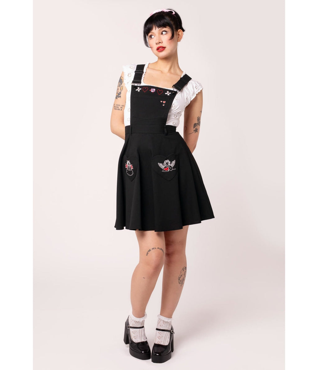Hell Bunny Black Cupid Pinafore Skirt - Unique Vintage - Womens, BOTTOMS, ROMPERS AND JUMPSUITS