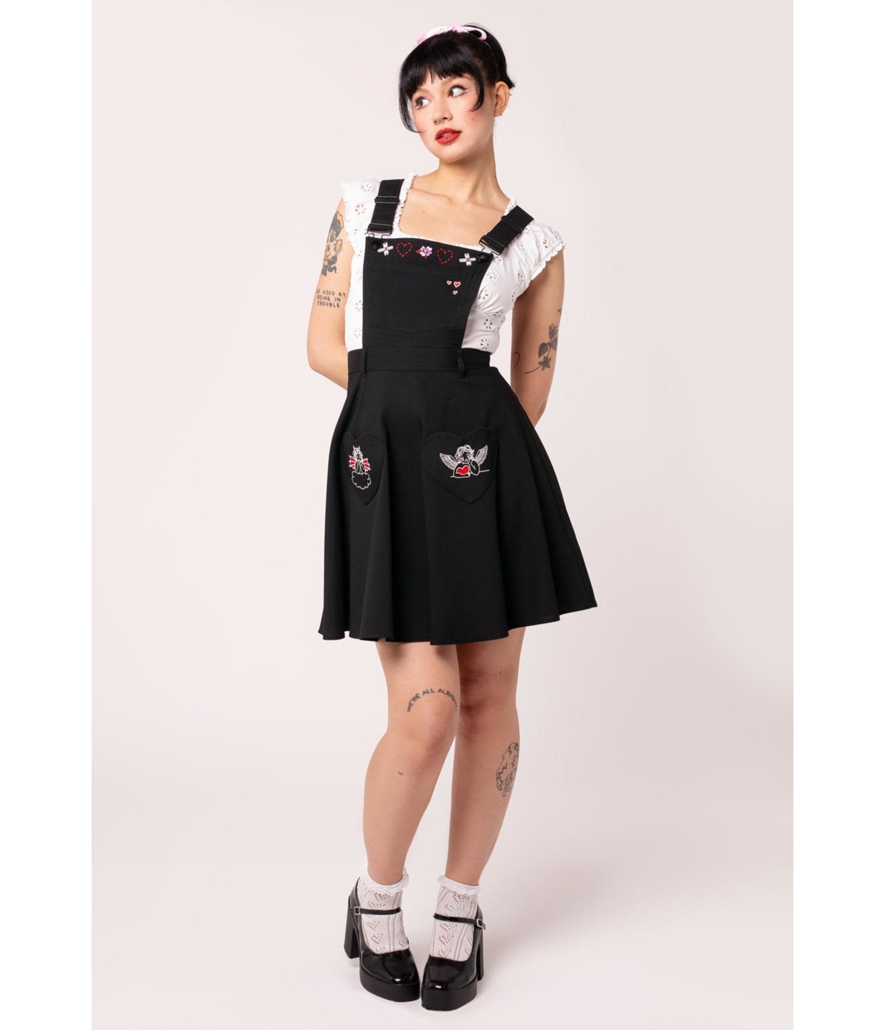 Hell Bunny Black Cupid Pinafore Skirt - Unique Vintage - Womens, BOTTOMS, ROMPERS AND JUMPSUITS