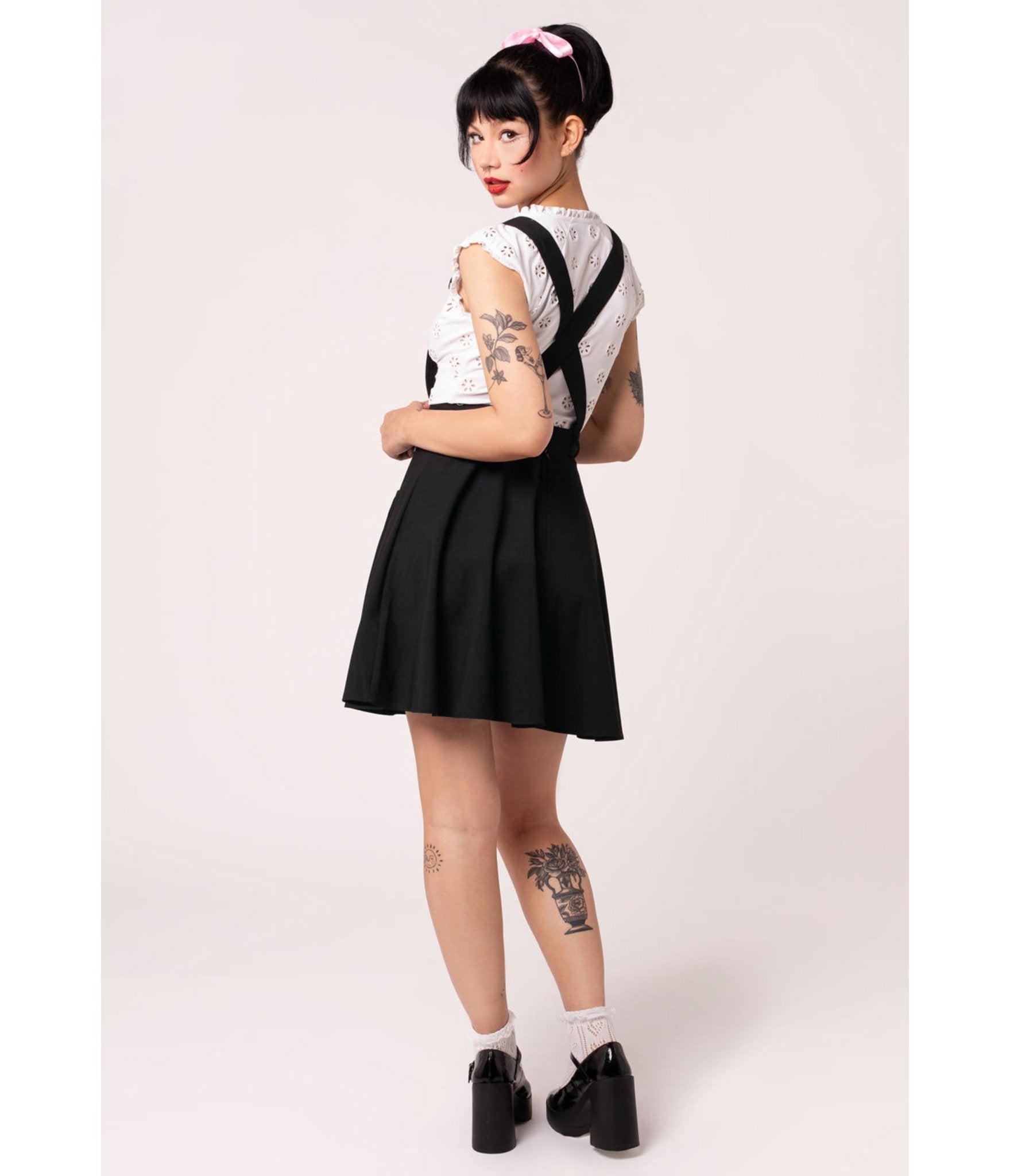 Hell Bunny Black Cupid Pinafore Skirt - Unique Vintage - Womens, BOTTOMS, ROMPERS AND JUMPSUITS