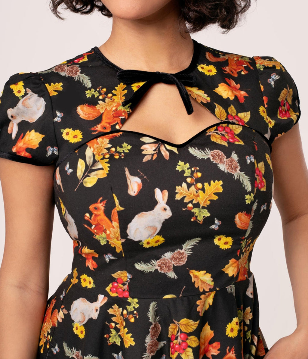 Hell Bunny Black Fall & Bunny Print Swing Dress - Unique Vintage - Womens, DRESSES, FIT AND FLARE