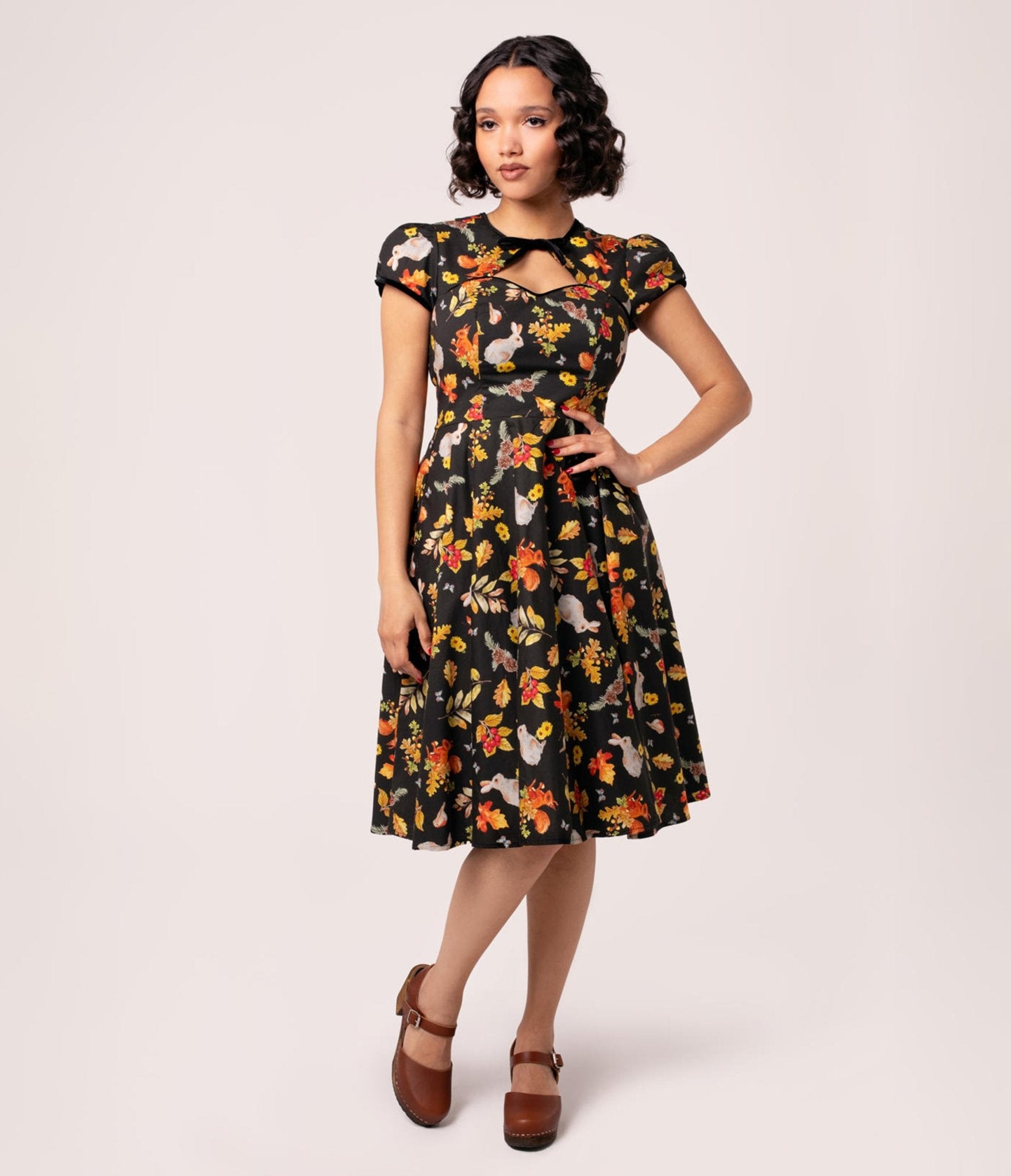 Hell Bunny Black Fall & Bunny Print Swing Dress - Unique Vintage - Womens, DRESSES, FIT AND FLARE
