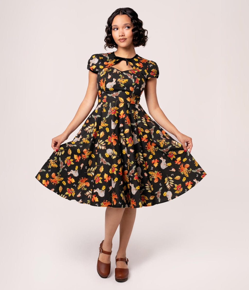 Hell Bunny Black Fall & Bunny Print Swing Dress - Unique Vintage - Womens, DRESSES, FIT AND FLARE