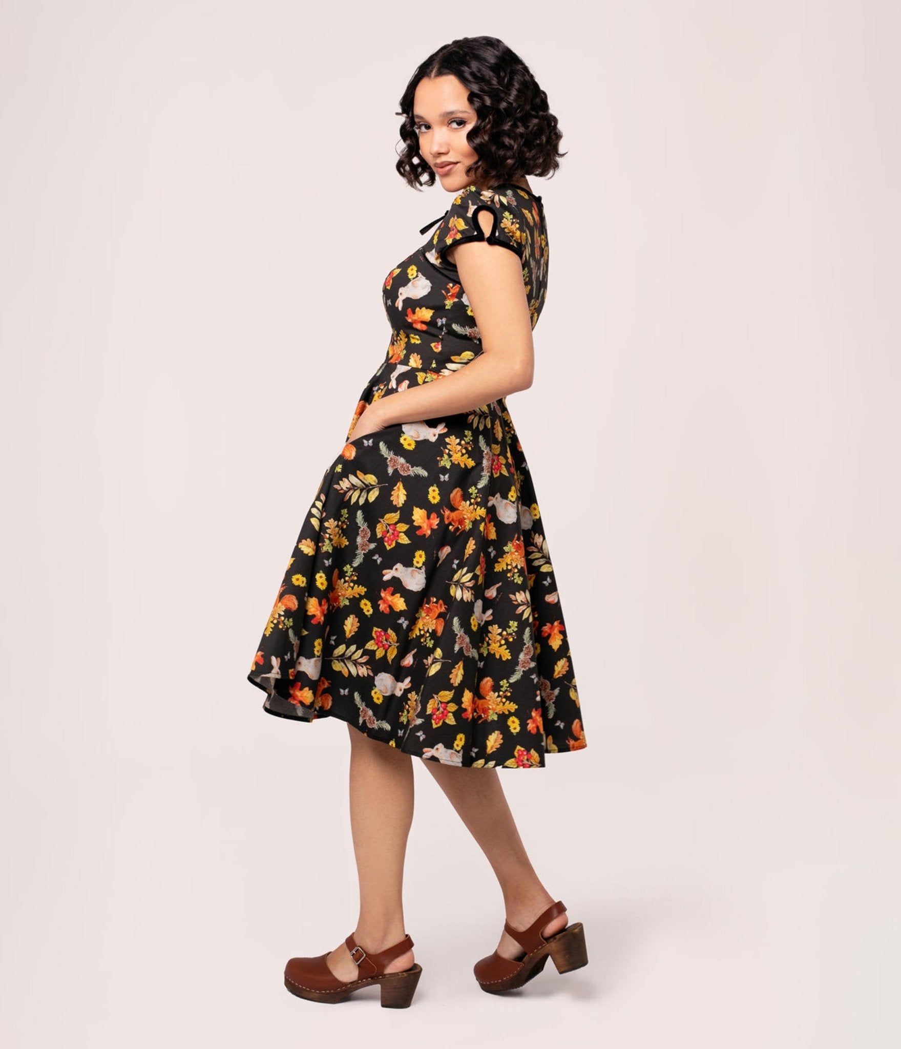 Hell Bunny Black Fall & Bunny Print Swing Dress - Unique Vintage - Womens, DRESSES, FIT AND FLARE