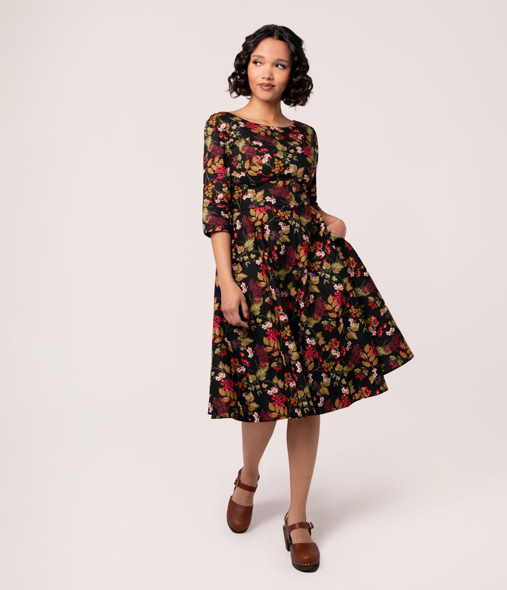 Hell Bunny Black & Fall Floral Swing Dress Unique Vintage Hell Bunny Black & Fall Floral Swing Dress Unique Vintage