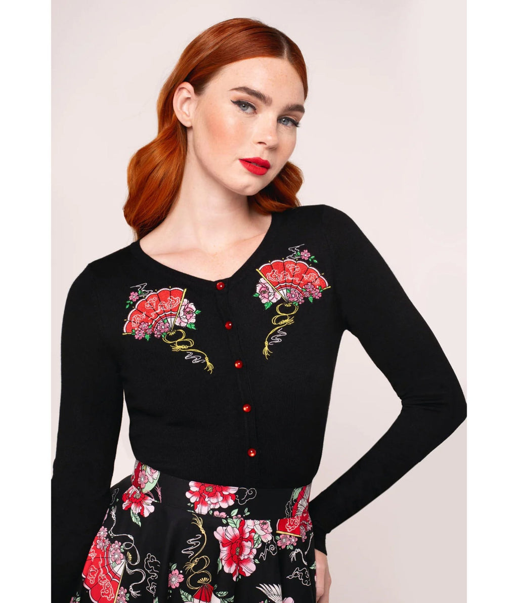 Hell Bunny Black Fan & Floral Embroidered Yuna Cardigan - Unique Vintage - Womens, TOPS, SWEATERS
