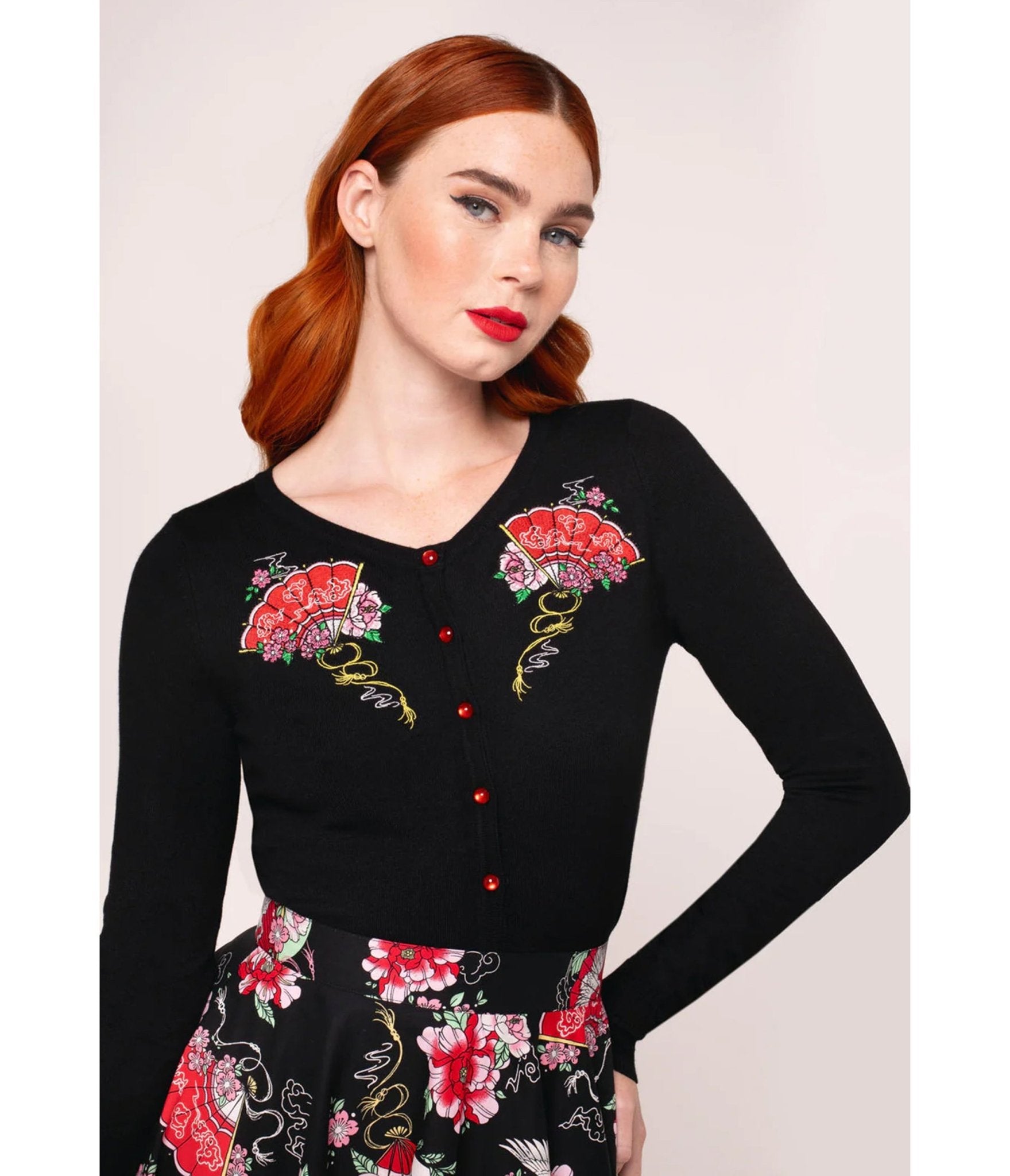 Hell Bunny Black Fan & Floral Embroidered Yuna Cardigan - Unique Vintage - Womens, TOPS, SWEATERS