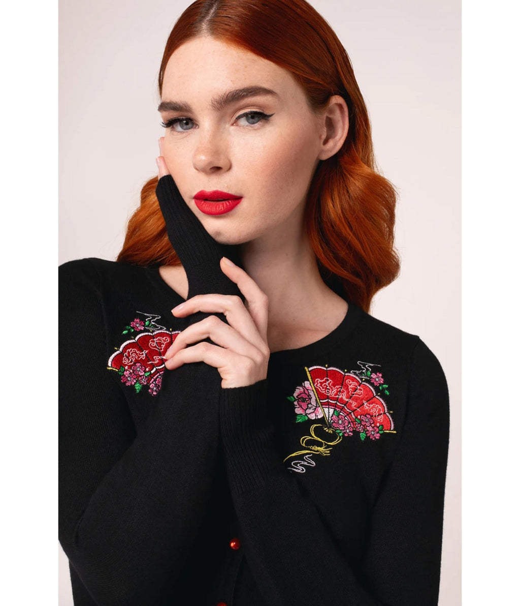 Hell Bunny Black Fan & Floral Embroidered Yuna Cardigan - Unique Vintage - Womens, TOPS, SWEATERS