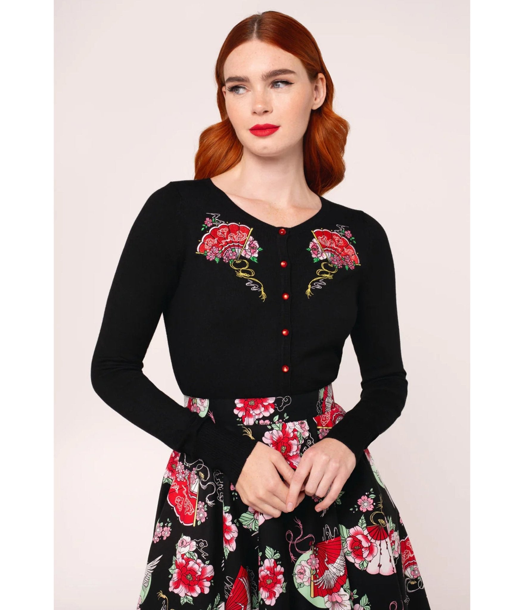 Hell Bunny Black Fan & Floral Embroidered Yuna Cardigan - Unique Vintage - Womens, TOPS, SWEATERS