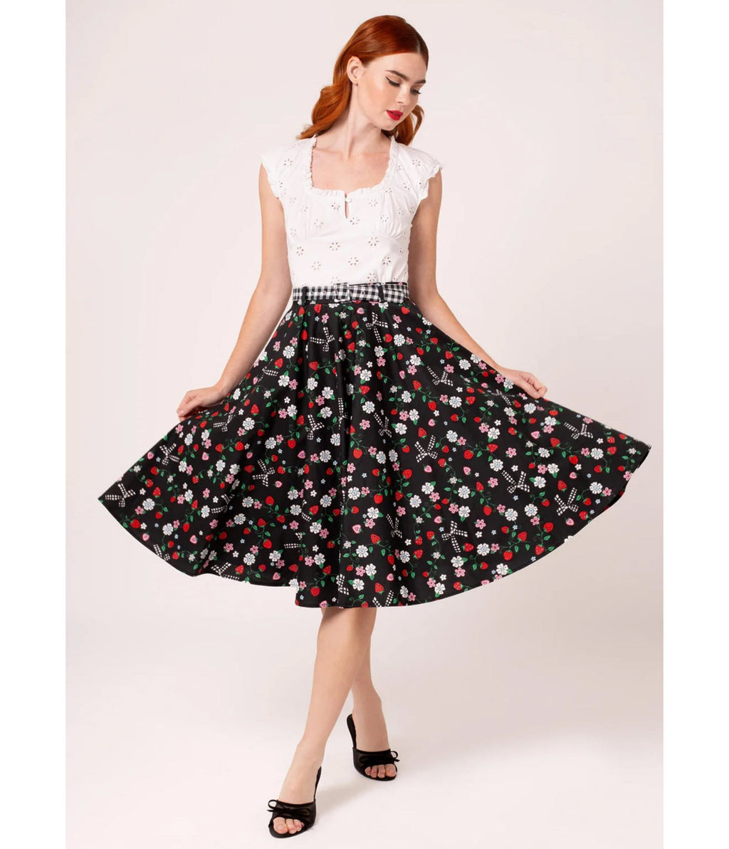 Hell Bunny Black Floral Isobel Swing Skirt - Unique Vintage - Womens, BOTTOMS, SKIRTS