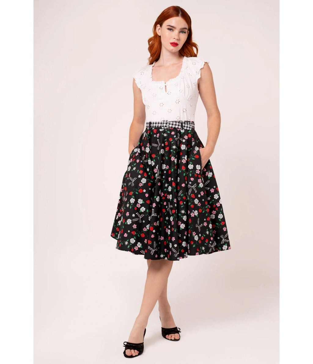 Hell Bunny Black Floral Isobel Swing Skirt - Unique Vintage - Womens, BOTTOMS, SKIRTS