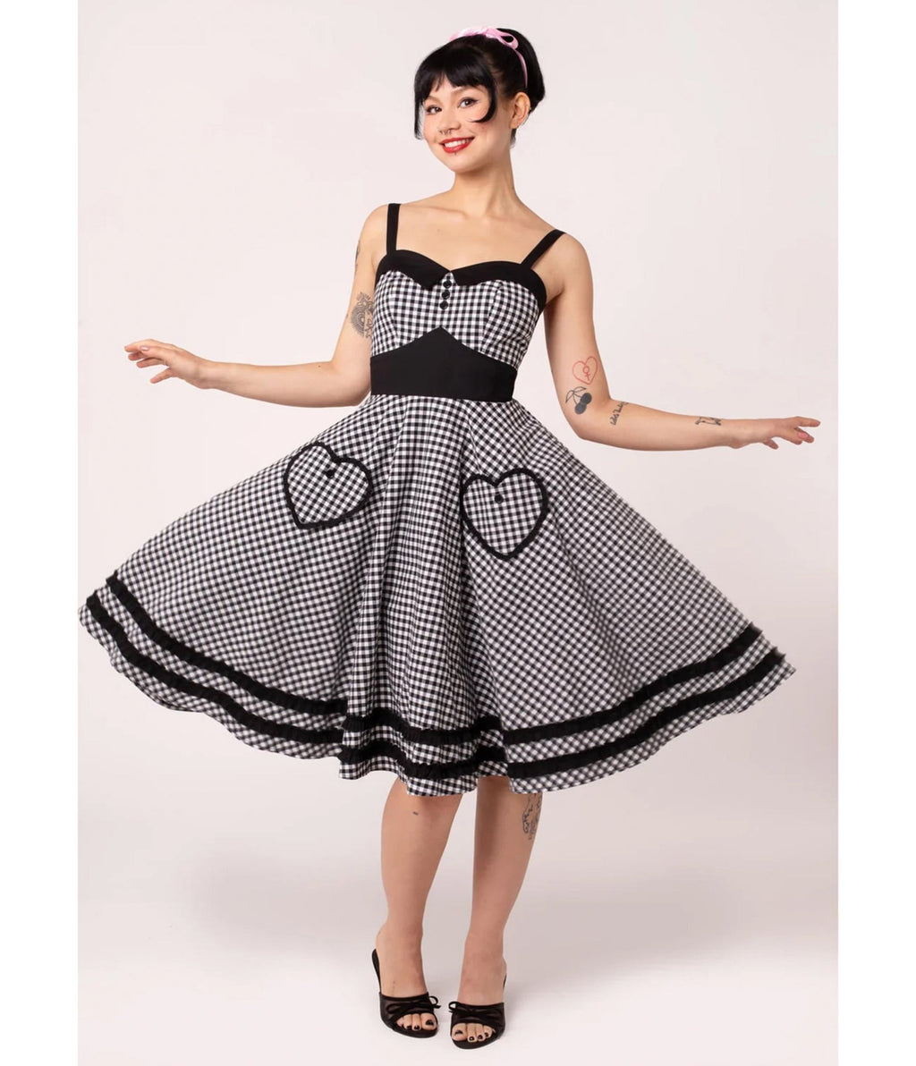 Hell Bunny Black Gingham Heart Pocket Swing Dress - Unique Vintage - Womens, DRESSES, SWING