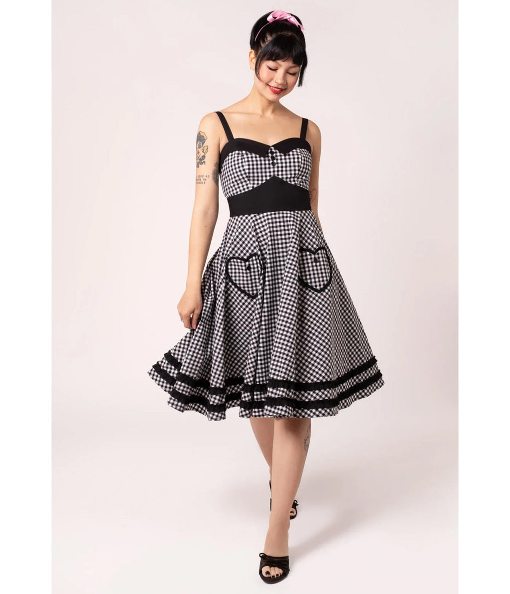 Hell Bunny Black Gingham Heart Pocket Swing Dress - Unique Vintage - Womens, DRESSES, SWING