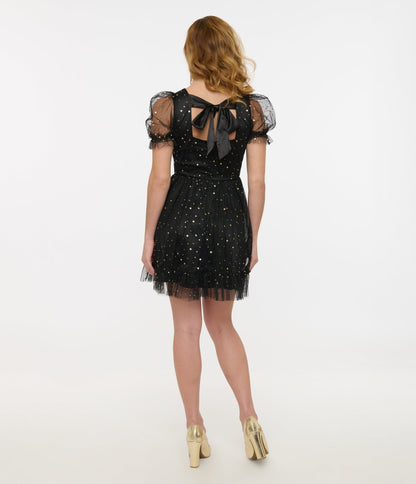 Hell Bunny Black & Gold Star Tulle Infinity Mini Dress - Unique Vintage - Womens, DRESSES, FIT AND FLARE