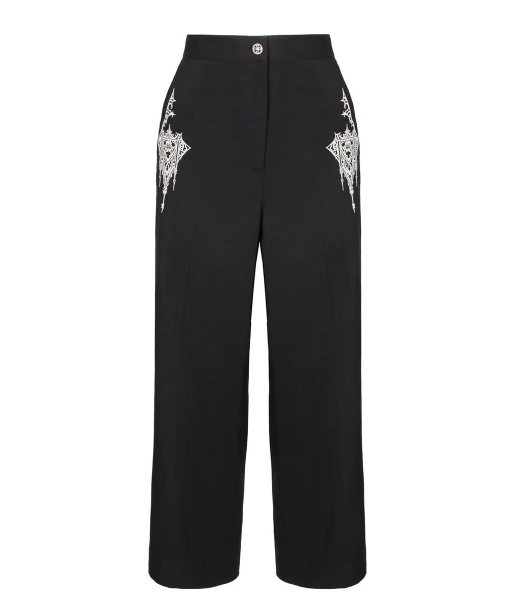 Hell Bunny Black Gothic Embroidered Elizabeth Trousers - Unique Vintage - Trousers