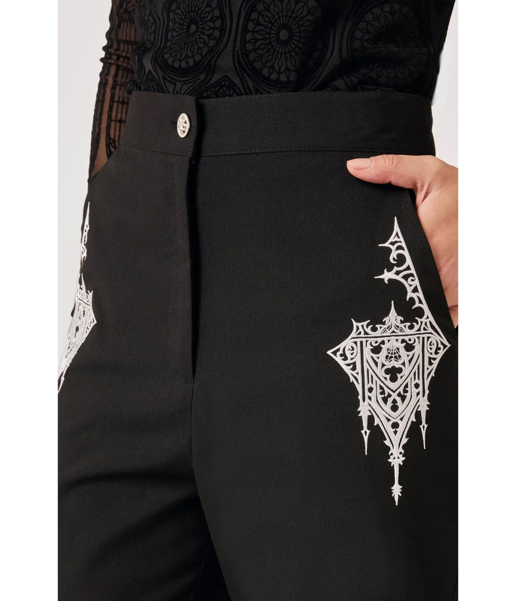 Hell Bunny Black Gothic Embroidered Elizabeth Trousers - Unique Vintage - Trousers